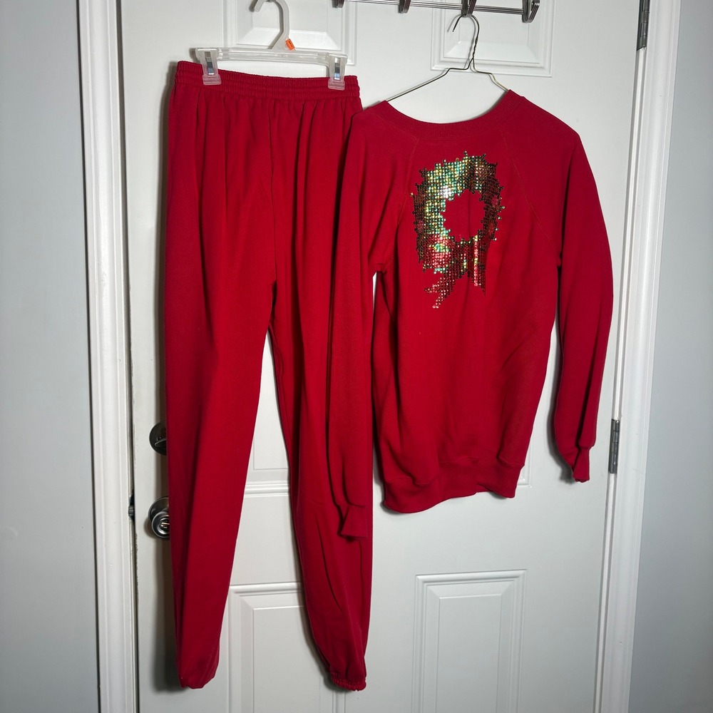 Vtg Hanes Sport Red Christmas Wreath Sequin Sweatshirt Sweatpants Set Medium